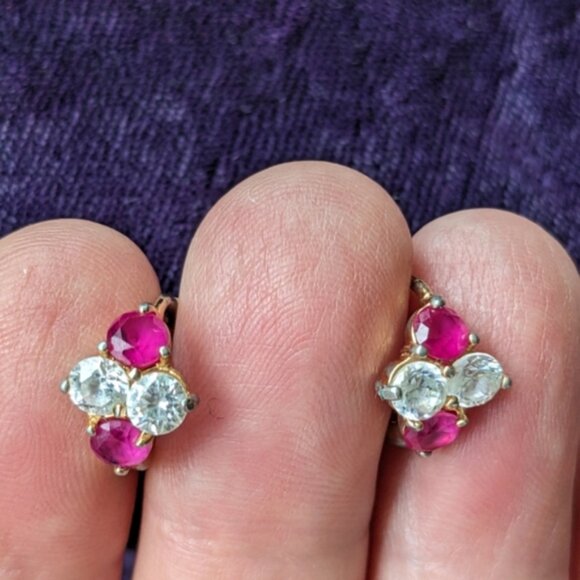 Vintage 9K Gold Plated Huggies Earrings With Deep Pink Ruby Stones - Picture 7 of 10